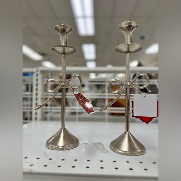 Silver Bow Candle Holders BNWT Metal - Picture 2 of 3